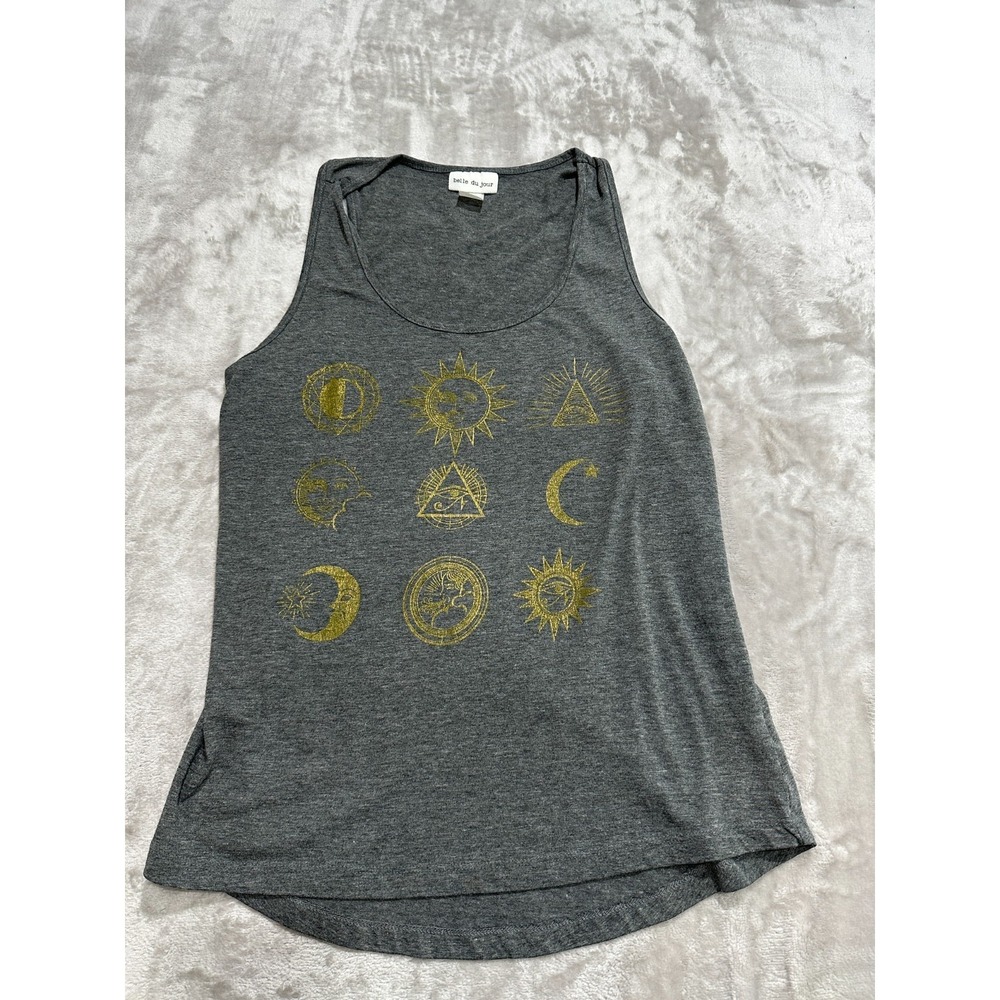 Belle du Jour Tank Top Women's‎ Size Large Gray Front Print Rounded Neckline